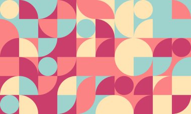 Pastel pembe, bej, deniz mavisi daireler ve kareler içeren zarif geometrik soyut arkaplan. Modern tasarım projeleri, web siteleri, markalaşma ve sosyal medya için ideal.