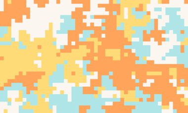 Soyut piksel sanat arkaplanı. Pastel turuncu, sarı ve mavi renkler canlı, modern dijital kamuflaj deseni oluşturur. Web sitesi afişleri, sosyal medya veya tekstil tasarımları için ideal.
