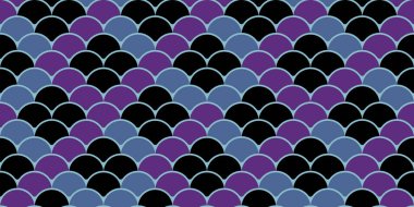 Üst üste binen mor, mavi ve siyah pulların soyut, pürüzsüz deseni. Tekstil, web sitesi geçmişi veya moda baskıları için ideal geometrik tasarım.