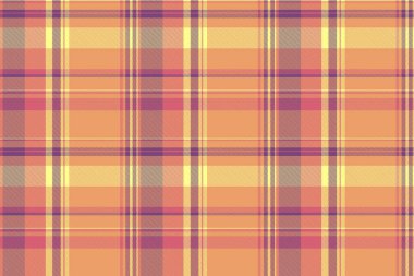 Glen ekose kumaş vektörü, eski moda tartan kontrolü. Giysi arkaplan dokusu turuncu ve morumsu renklerde dikişsiz..