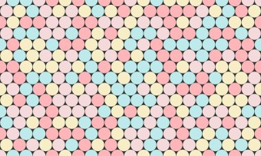 Soyut pastel daire deseni. Yumuşak pembe, mavi ve sarı dairelerin koyu arkaplanda tekrarlanan neşeli bir tasarımı. Web sitesi geçmişi, tekstil baskıları ve oyuncu markalar için ideal.
