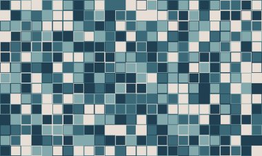 Deniz mavisi ve açık beyaz karelerin soyut mozaiği. Modern geometrik desen web sitesi arkaplanları, teknoloji sunumları veya çağdaş tasarım projeleri için mükemmeldir..
