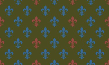 Zarif fleurdelis deseni mavi ve kırmızı zeytin yeşili arka planda. Tekstil tasarımı, duvar kâğıdı, web sitesi arkaplanı ya da kraliyet kültürüne ihtiyaç duyan her proje için mükemmel..