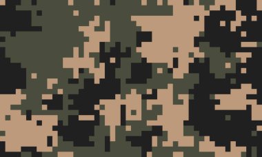 Soyut dijital kamuflaj modeli. Soluk yeşiller, kahverengiler ve siyahlar içinde pikselleştirilmiş doku. Arkaplan, tekstil veya askeri temalı tasarımlar için ideal.