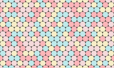 Soyut pastel daire deseni. Yumuşak pembe, mavi ve sarı dairelerin koyu arkaplanda tekrarlanan neşeli bir tasarımı. Web sitesi geçmişi, tekstil baskıları ve oyuncu markalar için ideal.