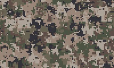 Soyut dijital kamuflaj modeli. Toprak renkleri, askeri, avcılık veya moda tasarımları için ideal dokulu ve çok yönlü bir arka plan için kusursuz bir şekilde harmanlanır..