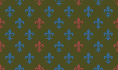 Zarif fleurdelis deseni mavi ve kırmızı zeytin yeşili arka planda. Tekstil tasarımı, duvar kâğıdı, web sitesi arkaplanı ya da kraliyet kültürüne ihtiyaç duyan her proje için mükemmel..