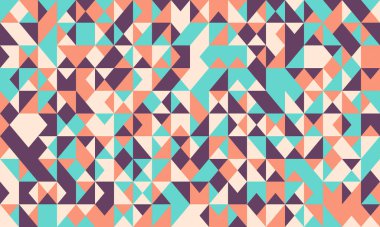Soyut geometrik tekstil tasarımı. Canlı mercan, deniz mavisi ve mor üçgenler büyüleyici bir mozaik desen oluşturur, arka plan, web sitesi tasarımı veya moda baskıları için idealdir..