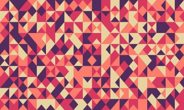Canlı üçgenleri ve kareleri sıcak tonlarda olan soyut geometrik desen. Web sitesi geçmişi, tekstil tasarımları veya modern markalar için ideal.