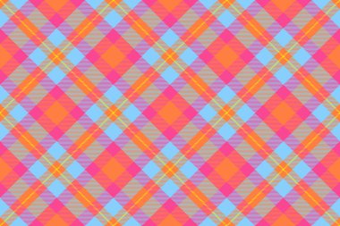 Vibrant, seamless tartan pattern in pink, orange and blue. Great for backgrounds, textiles, fashion, or wrapping paper. Playful, cheerful, and eyecatching
