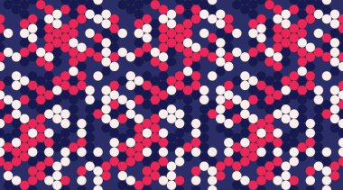 Abstract geometric pattern. Red, white, and blue circles create a dynamic, modern design ideal for backgrounds, textiles, or website design.