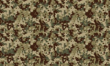 Toprak tonlarında dijital kamuflaj deseni. Geçmişi, tekstili ya da askeri temalı tasarımları için mükemmel. Pikselleştirilmiş doku modern, taktiksel bir estetik sunuyor..