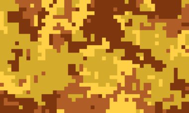Altın ve kahverengi renklerde soyut dijital kamuflaj deseni. Geçmişler, dokular ya da moda tasarımları için mükemmel. Pikselleştirilmiş stili modern, canlı bir estetik yaratıyor..