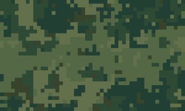 Yeşil tonlarda soyut pikselleştirilmiş kamuflaj deseni. Geçmişler, dokular veya askeri temalı tasarımlar için idealdir. Bir gizlenme ve stratejik planlamayı çağrıştırıyor..
