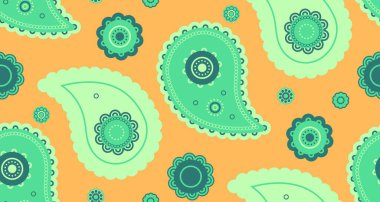 Tropikal çizimler yaparak bitki desenli boteh. Kına kavisli ipek taç yaprağı. Damask fayansı meditasyon yapan bir elbise. Doğu ve Hindistan tasarımı.