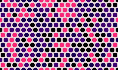 Soyut canlı polka nokta deseni. Pembe, mor ve siyah daireleri olan dinamik bir tasarım. Web sitesi geçmişi, tekstil veya modern grafik tasarım projeleri için mükemmel.