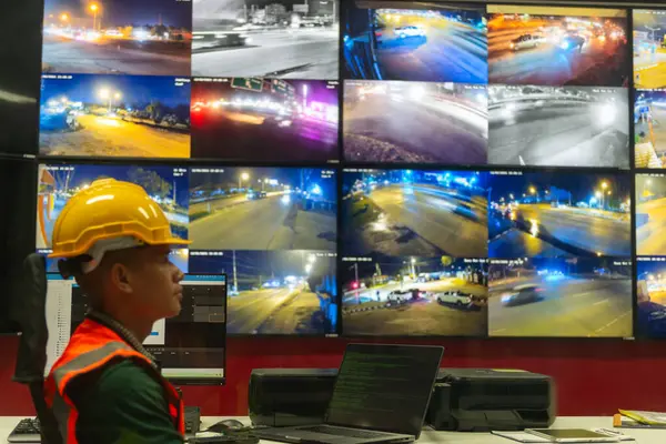 Bir adam birkaç monitörün önünde oturmuş trafik yollarının verilerini izliyor ve analiz ediyor.