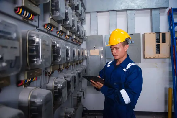 Elektrik bakım mühendisi elektrik sayacını, ana dağıtım panosunu kontrol ediyor ve bir panoya elektrik değerini yazıyor.
