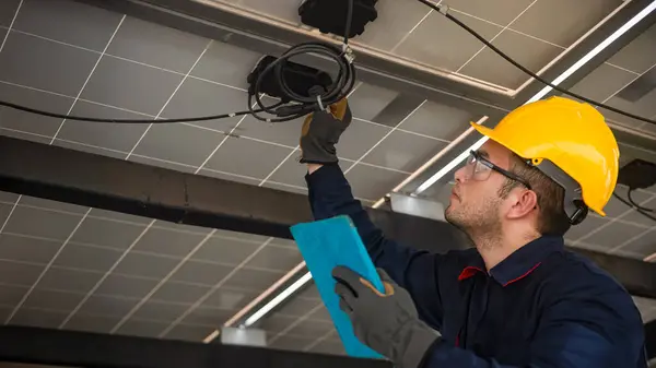 Mühendislik teknik servisi güneş panelini kontrol ederken tabletindeki güneş panelinin düzgün çalıştığından emin olmak istiyor.