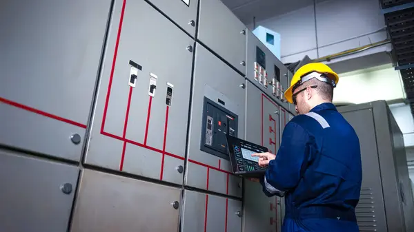 Elektrik mühendisi ana elektrik kontrol panelleri ve anahtarlar, dizüstü bilgisayardaki kayıt değerleri, elektrikçi fabrikadaki elektrik sistemlerini kontrol ediyor..