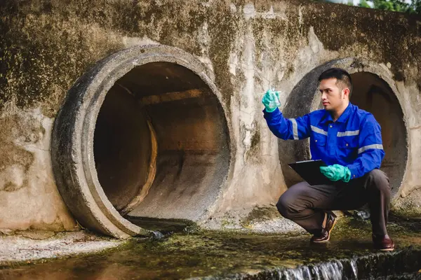 Bir su kaynağı mühendisi suyun saflığını bilimsel bir cam şişede kontrol eder ve kağıda kaydeder..