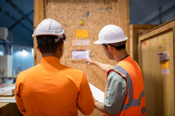 İki memur bir depoda büyük bir ahşap kolinin durumunu kontrol ediyor..