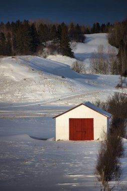 Karlı bir arazide kırmızı ahır Saguenay Quebec Kanada