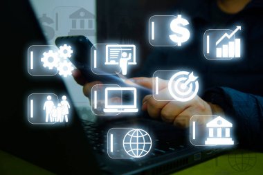 Girişimci ekranda bonolarla gezer durumda. Bond Finans Bankası Teknolojisi konsepti. İş adamıyla Ticaret Pazarı Ağı