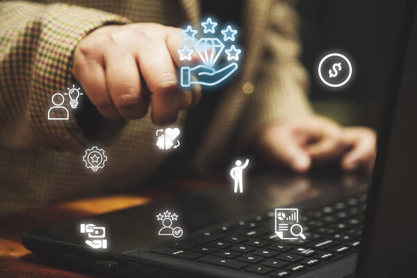 Футуристический имидж бизнес-концепции, иллюстрирующий ключевые элементы ценностного предложения, включая ориентацию на клиента, дифференциацию, эмоциональную привлекательность, коммуникацию и ощутимые выгоды.