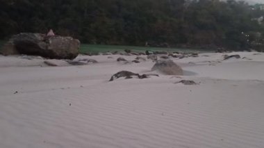 Rishikesh 'teki Ganga Nehri sahili. Hindistan' da kumsalda kum ve kayalar var.