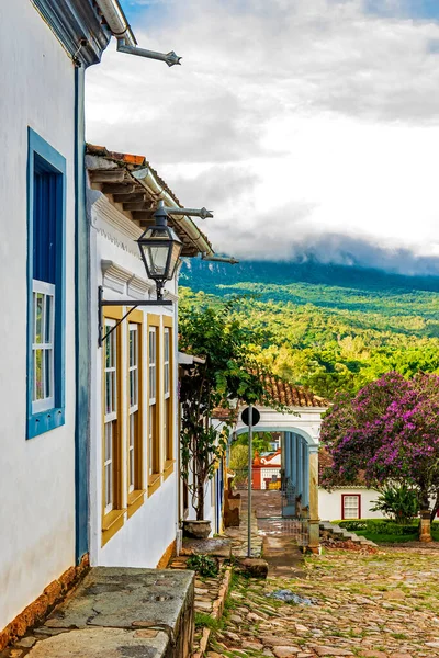 Facciata Vecchie Case Coloniali Colorate Nella Storica Città Tiradentes Con — Foto Stock