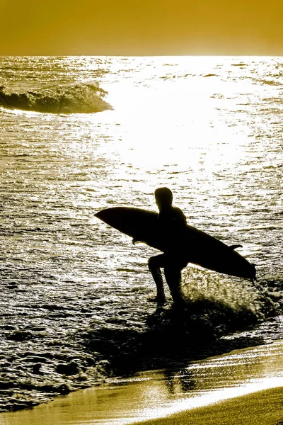 ジャネイロのイパネマビーチで日没時にサーフボードと一緒に海に入るサーファーのシルエット — ストック写真