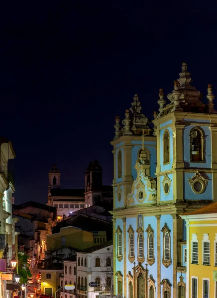 View of historic Pelourinho neighborhood, houses and churches during dusk in Salvador city in Bahia