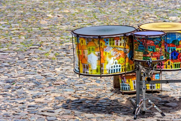 Ethnic Drums Decorated Paintings Cobblestones Pelourinho Slopes Salvador Bahia 스톡 사진