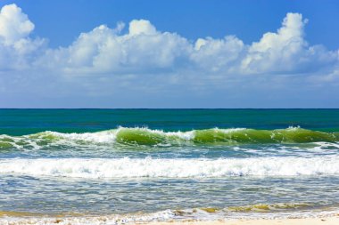 Güneşli bir yaz gününde kıyıda küçük dalgalar ve Brezilya 'nın Bahia sahilinde canlı renkli sular