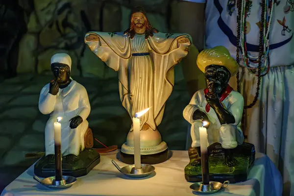 stock image Religious altar with images representing the entities, deities and sicretism of Umbanda in Brazil