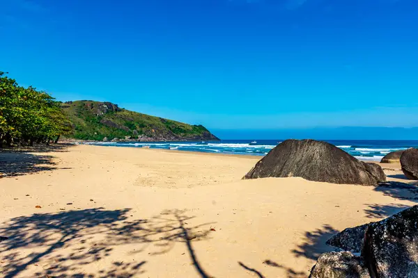 stock image Remote Bonete beach surrounded by hills and forests on Ilhabela island in Sao Paulo coast