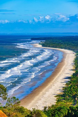 Bahia 'nın güney kıyısındaki Serra Grande' de deniz ve hindistan cevizi ağaçlarıyla çevrili uzun, boş bir sahil.