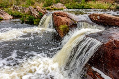 Diamantina, Minas Gerais 'deki Biribiri dağ sırasındaki nehirdeki kayalar ve bitki örtüsü