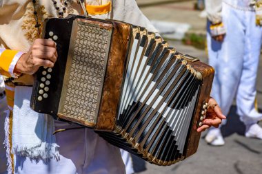Minas Gerais sokaklarındaki Congado festivalinde enstrümanını çalan akordiyoncu.