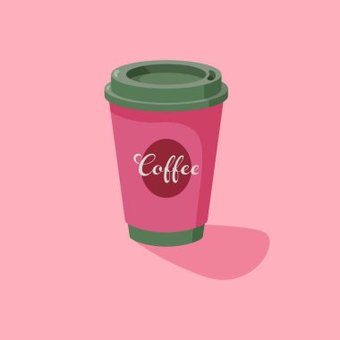 Pembe arka planda tek kullanımlık kahve fincanı simgesi. Kahve fincanı logosu. Düz Çizim