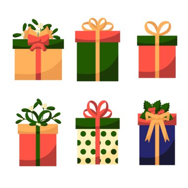 Noel için düz stil vektör hediye kutuları. Noel için şık hediyeler. Fiyonklarla ve yaka çiçekleriyle süslenmiş farklı hediye kutuları..