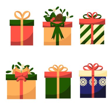 Noel için düz stil vektör hediye kutuları. Noel için şık hediyeler. Fiyonklarla ve yaka çiçekleriyle süslenmiş farklı hediye kutuları..