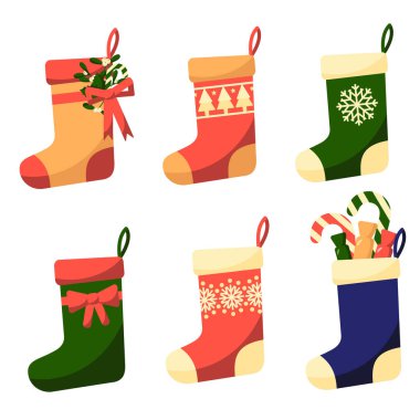 Noel için düz stil vektör simgeleri. Şık Noel çorapları. Vektör illüstrasyon simgeleri beyaz bir arkaplanda izole edilir.