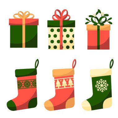 Noel için düz stil vektör simgeleri. Şık Noel çorapları ve Noel hediyeleri. Yay ve yaka çiçekleri ile. Vektör illüstrasyon simgeleri beyaz bir arkaplanda izole edilir.