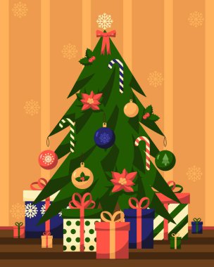 Hediyeler, balolar ve çiçekçilerle süslenmiş Noel ağacı. Düz stil vektör illüstrasyonu, sezon kutlamaları ve yeni yıl davetiyeleri için renkli bir arkaplanda izole edildi. Tebrik kartı şablonu