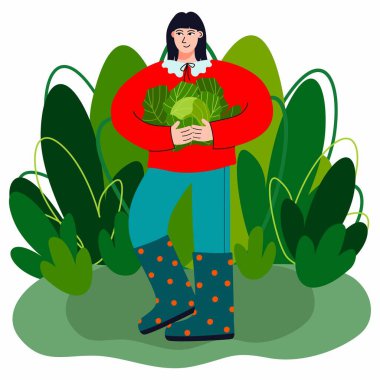 Bir kadın kendi yetiştirdiği lahanaları tutuyor. Yeşillik arka planı olan trend bir kadının renkli el çizimi vektör çizimi. 