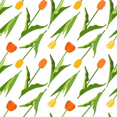 Beyaz arka planda yeşil yaprakları olan kusursuz renkli laleler. El çizimi düz vektör çizimi.