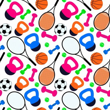 Çeşitli spor ekipmanlarının yer aldığı canlı, pürüzsüz bir desen. İllüstrasyon, insanları tasvir etmek için elle çizilmiş ve düz bir vektör tarzında oluşturulmuştur. Beyaz bir arkaplanda izole edilmiş.
