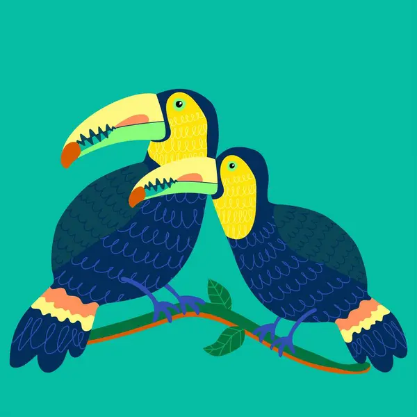 stock vector Illustration of two colorful toucans with yellow beaks and black, blue, and orange feathers, perched on a leafy branch against a turquoise background. Hand-drawn vector illustration